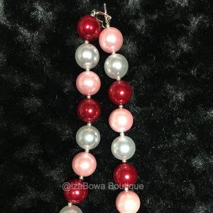Red, Pink and Pearl White Chunky Bead Necklace (2) NK7195 Handmade NWT